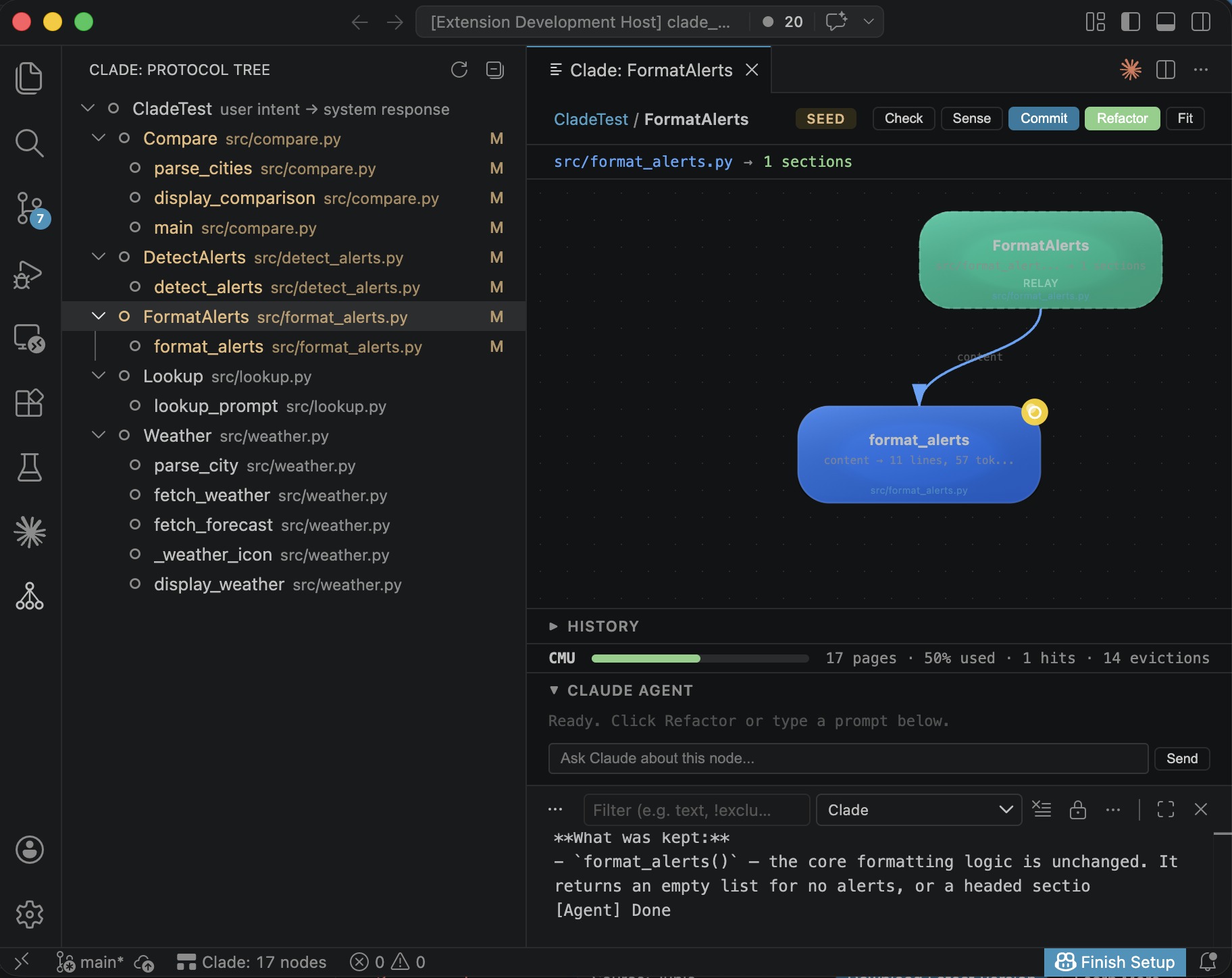 Clade VS Code extension showing protocol tree, dataflow graph with CMU heatmap, and Claude agent refactoring a node