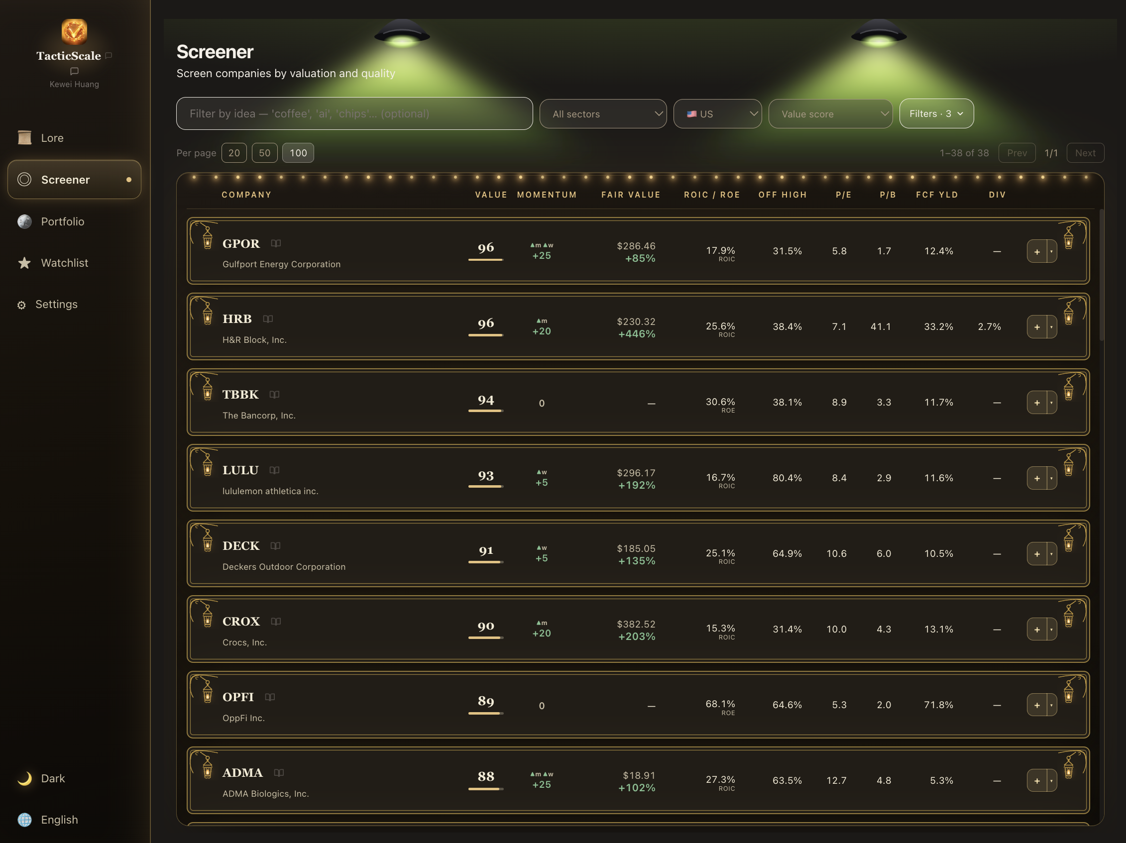 TacticScale screener — companies ranked by value and quality